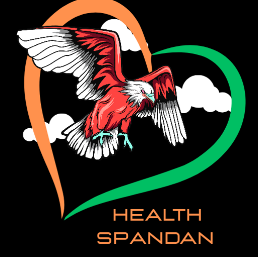 “Health Spandan logo with a flying red-and-white eagle inside an orange and green heart shape on a black background.”