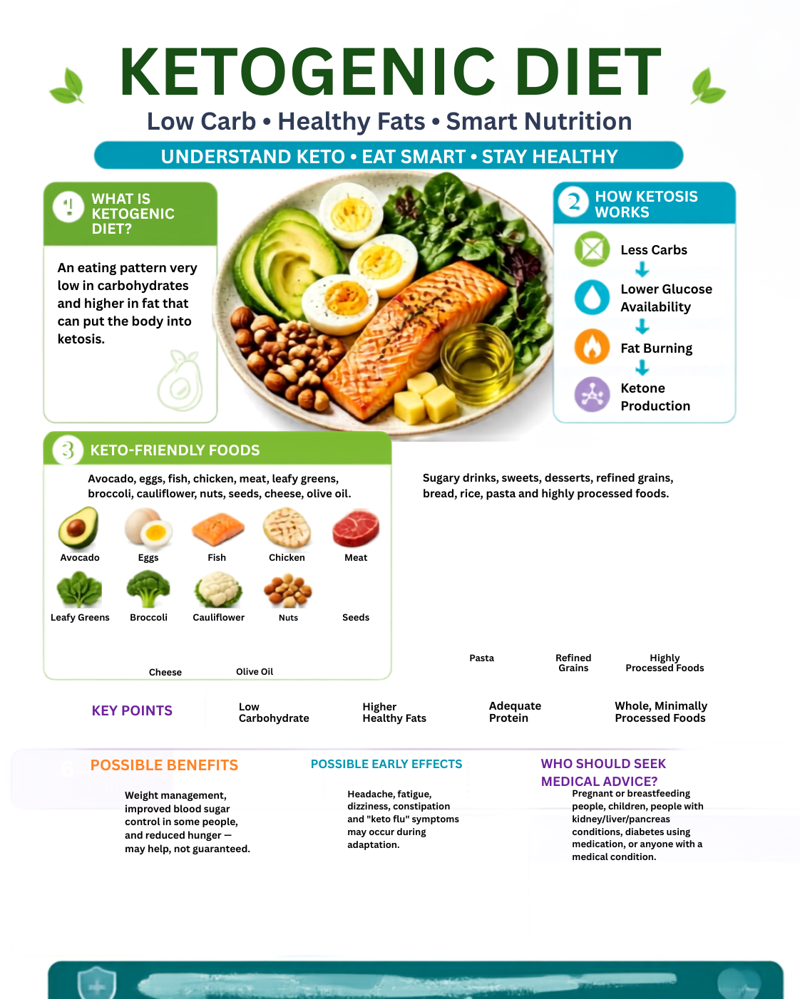 Ketogenic Diet infographic showing what a keto diet is, how ketosis works, keto-friendly foods, foods to limit, possible benefits, early side effects, and who should seek medical advice.