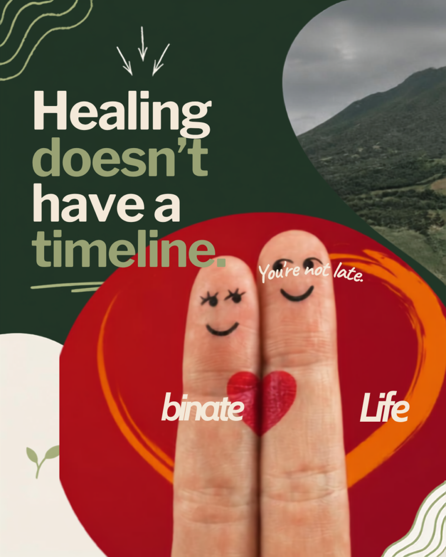 Inspirational healing quote graphic featuring two smiling fingers with a heart, reading “Healing doesn’t have a timeline” and “You’re not late.”
