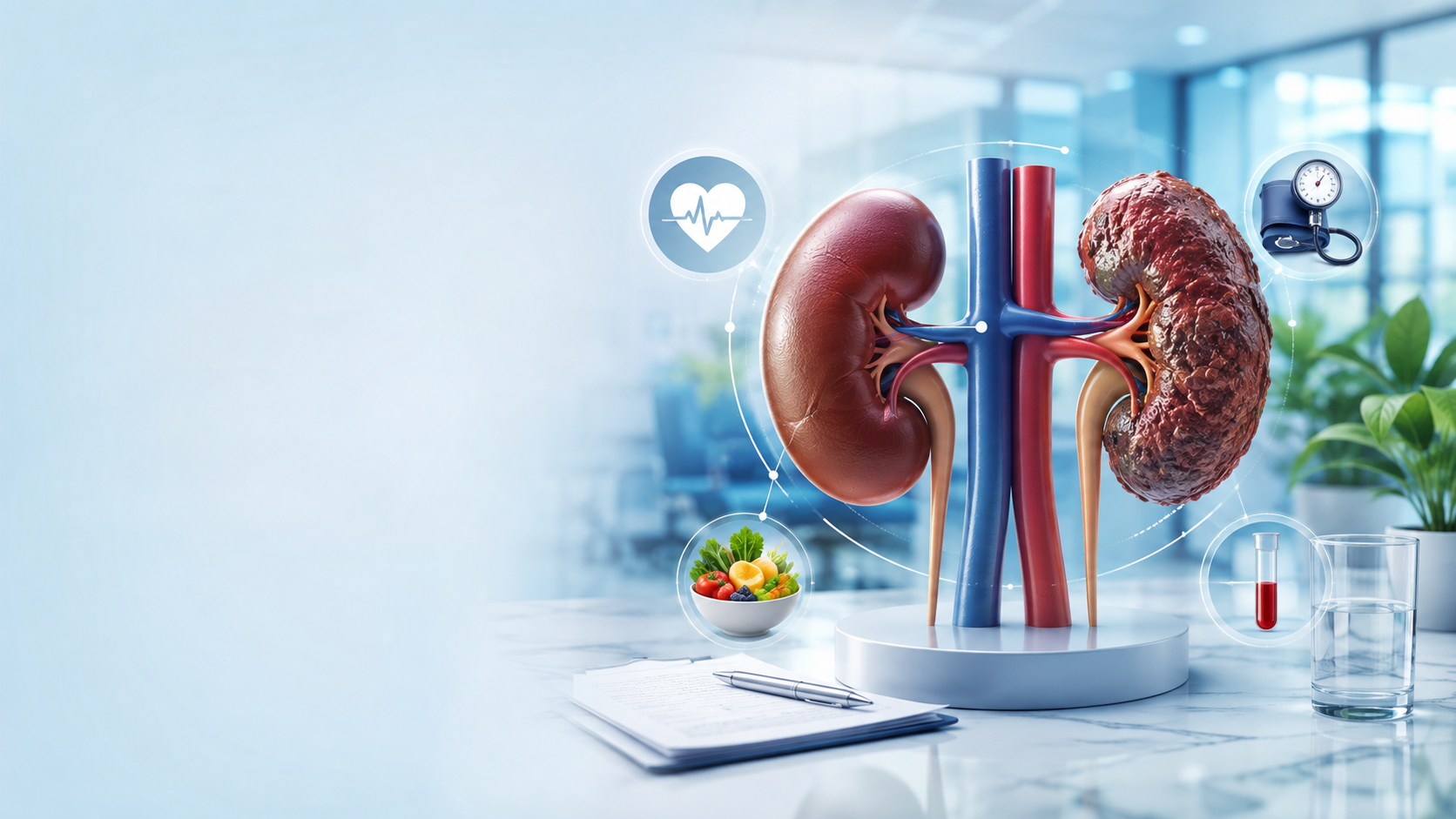 Anatomical 3D model comparing a healthy kidney with a diseased kidney, surrounded by kidney health management icons on a medical desk.