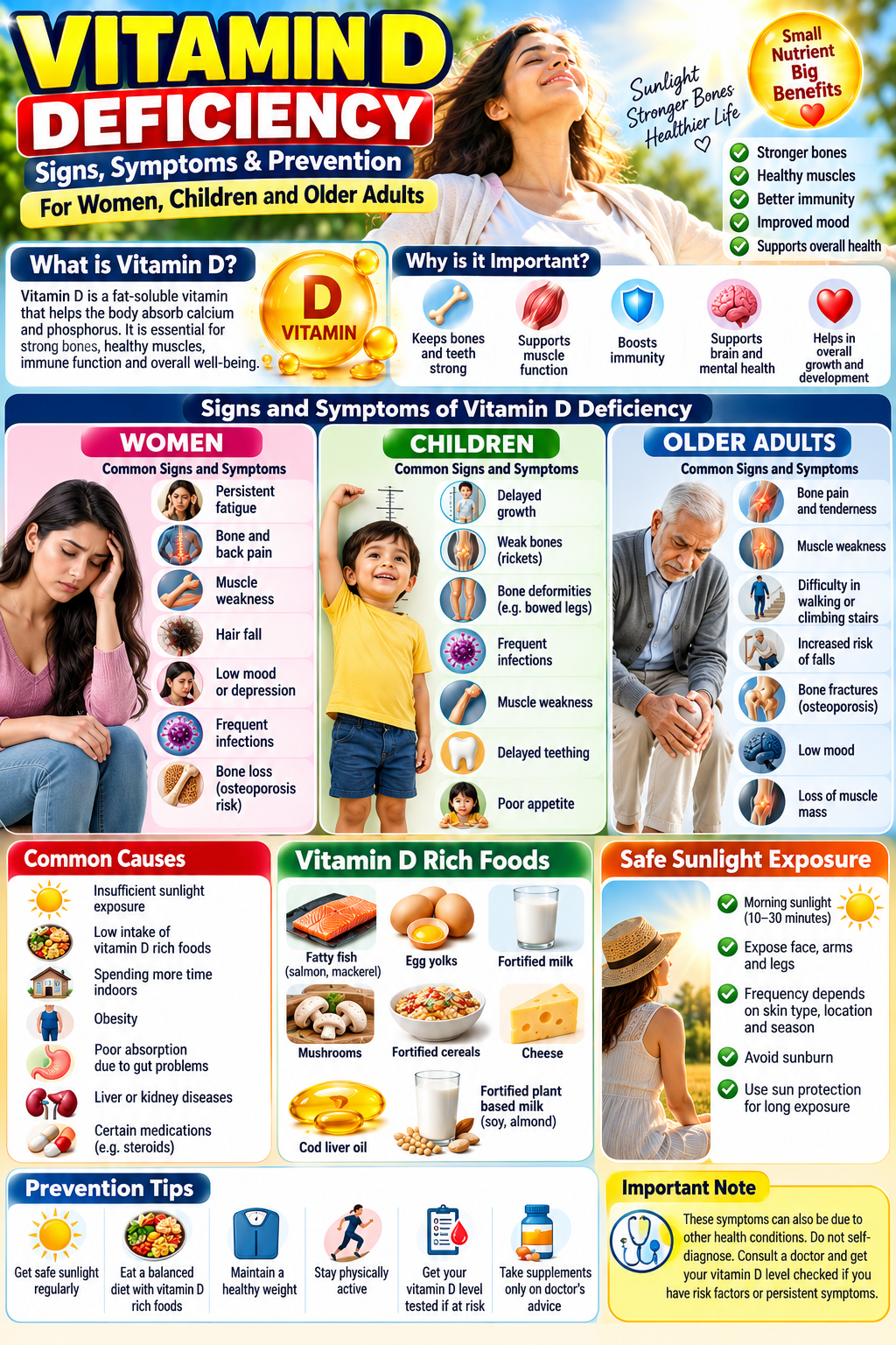 Vitamin D deficiency infographic showing possible symptoms in women, children and older adults, common causes, vitamin D-rich foods, safe sunlight exposure and prevention tips.