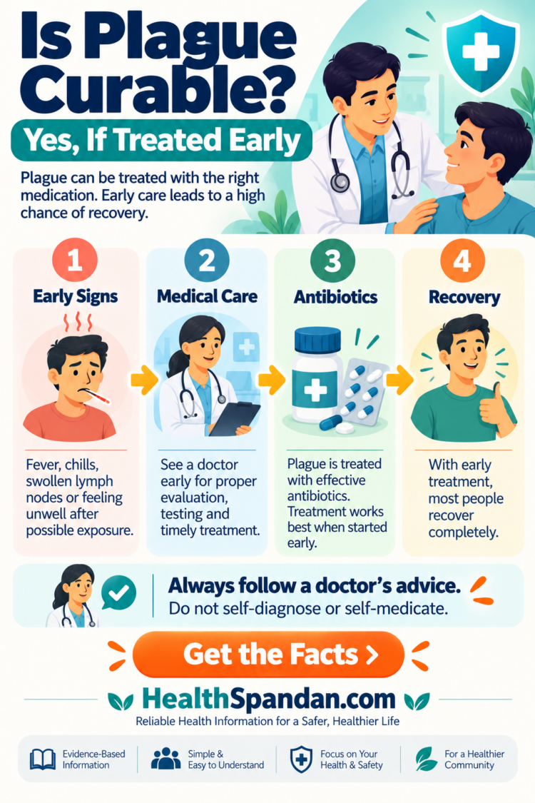Is plague curable infographic showing early treatment, antibiotics, medical care and recovery