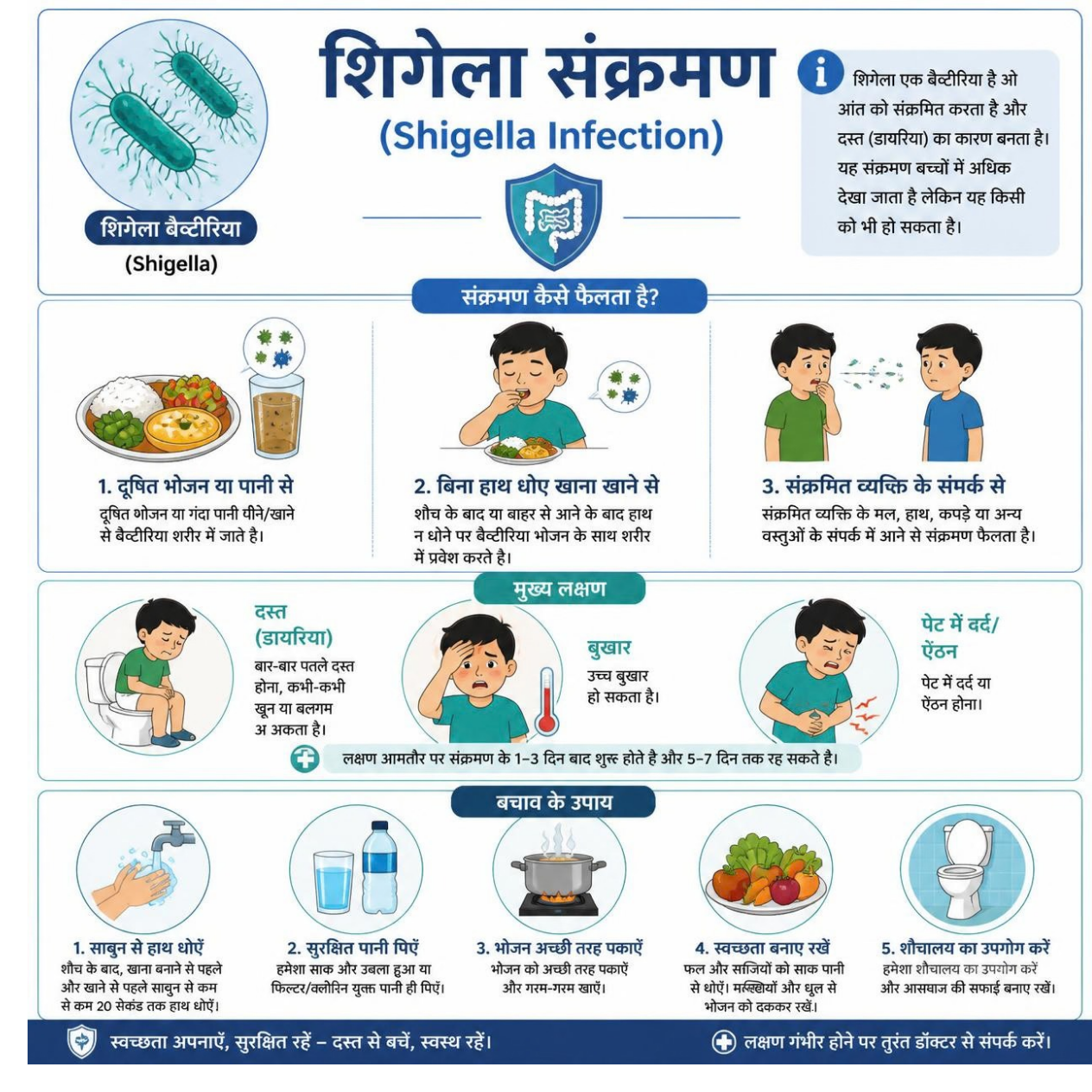 शिगेला संक्रमण के लक्षण, फैलने के तरीके और बचाव के उपाय दर्शाता हिंदी इन्फोग्राफिक